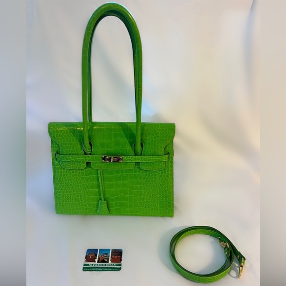 FRANCESCO ROGANI - Real Leather Green Tote w/ Gold Accents - Made in Roma, Italy - Picture 1 of 14